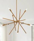 Mid Century Modern 6 Light Chandelier With Adjustable Arms In Antique Brass Brush Finish Pendant Lighting For Dining Room Kitchen Island Living Room And Bedroom shown in room setting.