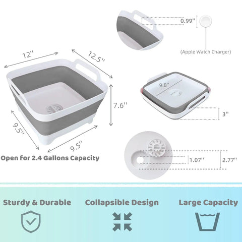Collapsible Wash Basin With Drain Plug 2.4 Gallon Foldable Kitchen Sink dimensions and features, gray, for RV camping.