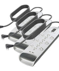 Legit Surge Protector Power Strip With Twelve AC Outlets And Dual USB Ports For Upgrading Any Desk Rig Or Travel Kit Includes Six Foot Flat Extension Cord, showing three strips with attached cords.