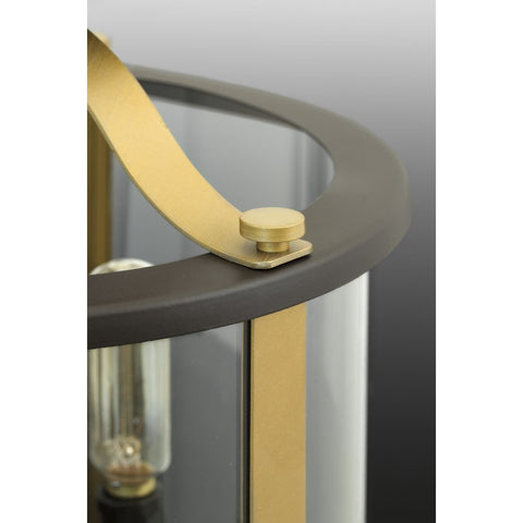 Close-up of Three-Light Bronze Outdoor Semi-Flush Convertible Fixture With Squire Style showing brass elements and glass detail.