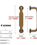 Dimensions of the 20 Pack Antique Brass Cabinet Pulls 3 Inch 76mm Kitchen Cabinet Handles with included screws