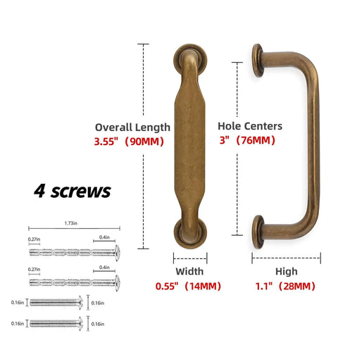 Dimensions of the 20 Pack Antique Brass Cabinet Pulls 3 Inch 76mm Kitchen Cabinet Handles with included screws
