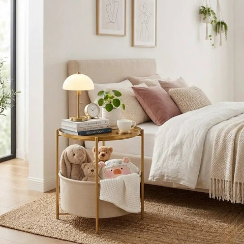 Round End Table With Removable Fabric Storage Basket And Tray Top, gold metal nightstand in bedroom with lamp and decor