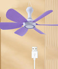 6 Leaves Ceiling Fan with Remote Control for Outdoor USB, lightweight purple blades, USB powered for outdoor use.