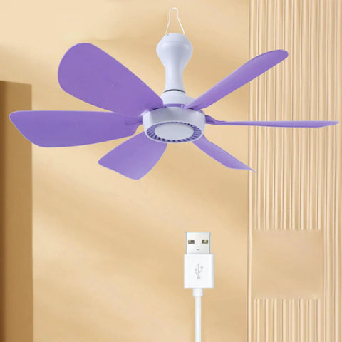6 Leaves Ceiling Fan with Remote Control for Outdoor USB, lightweight purple blades, USB powered for outdoor use.