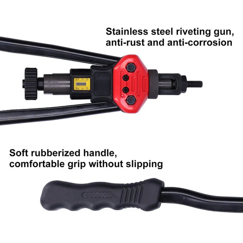 Beefy Pro Grade Heavy Duty Double Handle Hand Riveter Tool with M3-M10 mandrels, showing rubber handle and steel riveting head