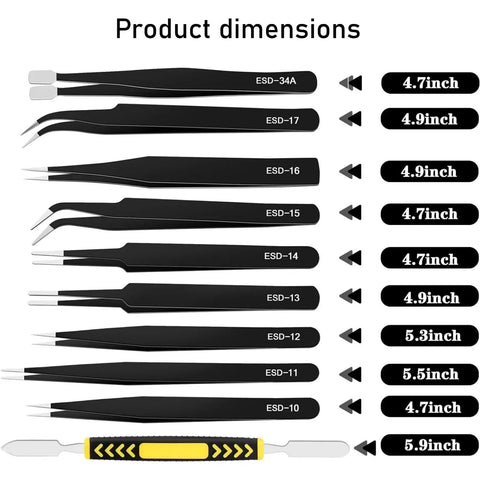 Must Have Pro Grade Precision Tweezers Kit, 10 Piece, ESD Safe Stainless Steel Fine Tip Set With Storage Bag And Pry Tool For Electronics Repair, Soldering, Jewelry Making, Lab And Model Work