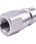 Male Hydraulic Quick Connect Coupler With Quarter Inch Body And NPT Thread For John Deere Tractors And Heavy Duty Implements Compatible With Widely Used JD 140 300 312 314 316 317 400 415 420 And X Series Tractors, metal finish, side view