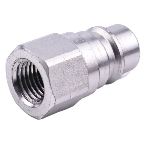 Male Hydraulic Quick Connect Coupler With Quarter Inch Body And NPT Thread For John Deere Tractors And Heavy Duty Implements Compatible With Widely Used JD 140 300 312 314 316 317 400 415 420 And X Series Tractors, metal finish, side view
