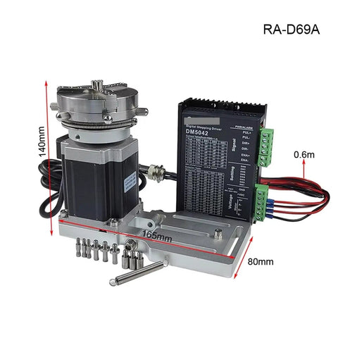 Heavy Duty 69 MM Rotary Attachment With Grip Tight Triple Chuck Jaw And Smooth Swivel Base For Marking Machines Solid Run No Fuss Hook Up with stepper motor and driver.