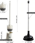 Heavy Duty Toilet Plunger And Brush Set With Nifty Hideaway Stand showing a plunger, toilet brush, and holder dimensions.