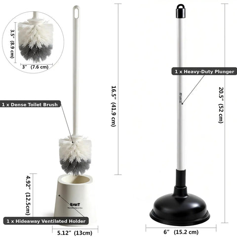 Heavy Duty Toilet Plunger And Brush Set With Nifty Hideaway Stand showing a plunger, toilet brush, and holder dimensions.