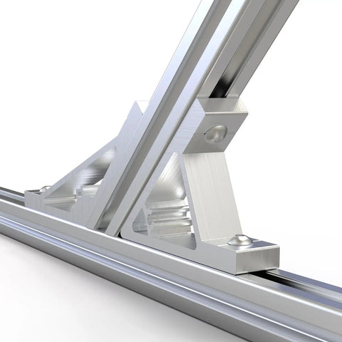 Close-up of Four Piece 45 Degree And 135 Degree Corner Brackets For 2020 Aluminum Extrusion Profiles with screws and T slot nuts