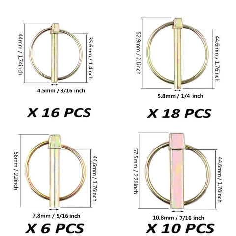 Heavy Duty Lynch Pin Set, 50 Piece Assortment For 3 Point Hitch Pins, various sizes, carbon steel with yellow zinc finish.