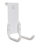 Over The Door Stroller Hanger No Drill Heavy Duty Metal Holds 50 Lb Adjustable Arms For Hallways Garages And Entryways Stroller Hook Keeps Your Stroller Off The Floor With Easy Access Storage StrollAway Inspired By StrollerBuddy white metal hanger with adjustable arms, front view.