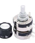 WTH118 2W 100K Ohm Dual Gang Carbon Film Potentiometer Top Adjustment Rotary Potentiometer With A03 Knob, front view.