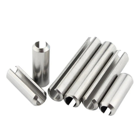 Slotted Spring Pins Set In 304 Stainless Steel, Dowel Roll Pins M1.5 To M12, 5-100mm Pack displayed in various sizes.