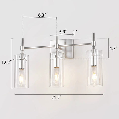 Brushed Nickel 3 Light Vanity Light For Bathroom With Clear Glass Shades Over Mirror Modern Industrial Style Vanity Fixture