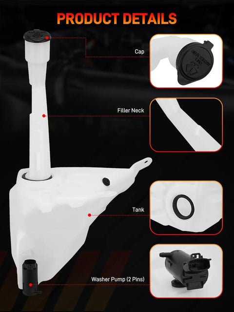 Windshield Washer Reservoir With Cap And Sensor Hole Bottom Dropin Replacement Tank For Toyota Tacoma 1998 To 2004 Replaces OE 8531504060 TO1288184 85315 04060 12498759 Ready To Install, showing product details and parts