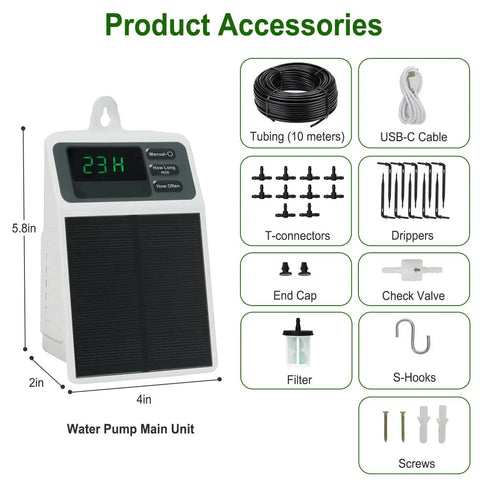 Product accessories for Solar Powered Automatic Drip Irrigation System Kit For 10 Potted Plants With DIY Auto Timing No Hassle Watering Anti Siphon Waterproof Digital Display 15 Day Run For Outdoor Indoor Balcony Patio Garden