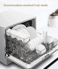 Killer 220V Countertop Dishwasher Dries And Cleans Four Place Settings Fast With Energy Saving Cycle draws 950 watts, loaded with plates.
