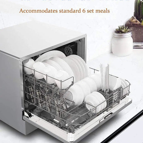Killer 220V Countertop Dishwasher Dries And Cleans Four Place Settings Fast With Energy Saving Cycle draws 950 watts, loaded with plates.