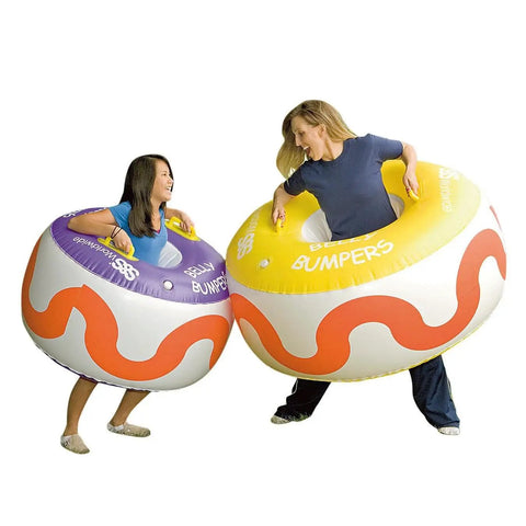 Two children playing with Belly Bumper 50 Inch Play Space For Kids Heavy Duty Vinyl Cushion With Two Handles Cushioned Safety for Fun
