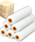 6 Inch Mini Foam Paint Roller Covers 432 Piece Case Lot shedless high density sleeves displayed with a brown box in background.