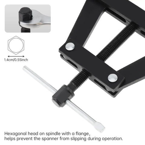 Close-up of Beefy Chain Breaker Tool For 100 To 200 Roller Chains with hexagonal head on spindle and flange for secure operation.