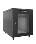 Heavy Duty 12U Soundproof Server Rack Cabinet With 35 Inch Depth And Beast Mode Cooling Fans, featuring a glass door and mobile base.