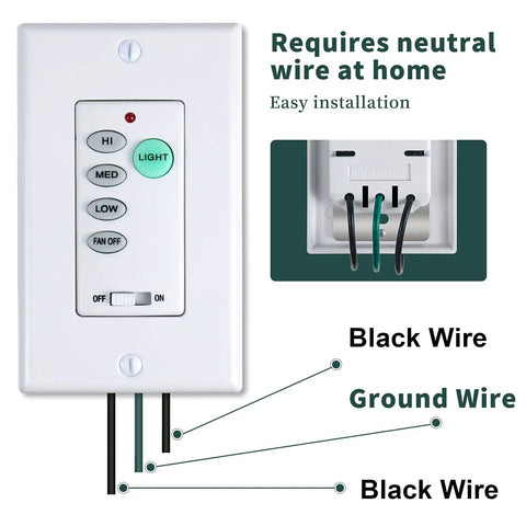 Universal Ceiling Fan Control Transmitter Only 3 Speed Wall Controller For Mounted Fans With Full Range Dimmer Main Power On Off Button Light Control No Receiver Included, showing wiring.