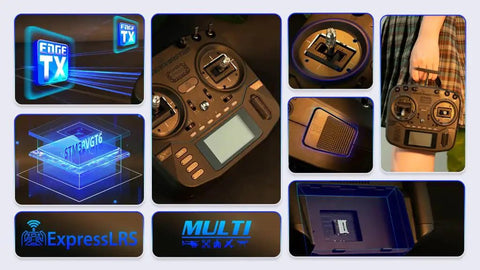 Collage of RadioMaster Boxer 2.4G 16CH Hall Gimbals Transmitter with ExpressLRS 4in1 CC2500 multi-protocol and EdgeTX features
