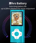 Compact MP3 Player With 32GB Memory Card, FM Radio, Voice Recorder, blue MP3 player with battery life display and photo on screen.