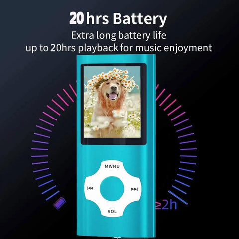Compact MP3 Player With 32GB Memory Card, FM Radio, Voice Recorder, blue MP3 player with battery life display and photo on screen.