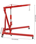 Grind House 2 Ton Folding Engine Hoist Forged From Beefy Carbon Steel With Six Greaseproof Rollers, red hydraulic lift, dimensions shown.