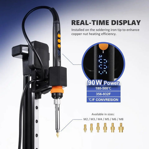 Vertical Heat Set Insert Tool Press With 90W Soldering Iron M2 M8 Heat Set Tips 30 Brass Threaded Nuts For 3D Printed Parts Nutopress Pro