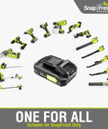 SnapFresh tools displayed with 2.0 Ah battery, highlighting compatibility with DIY Friendly Cordless Impact Driver Kit With 20V Power And 1350 In Lbs Torque, One Quarter Inch Hex Drive, Variable Speed Up To 2200 RPM, Built In LED Light, 2 Ah Li Ion Battery, One Hour Rapid Charger, Includes Driver Bits, Sockets, And Tool Bag