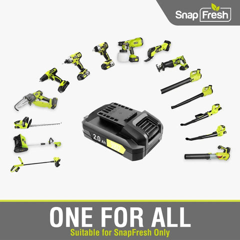 SnapFresh tools displayed with 2.0 Ah battery, highlighting compatibility with DIY Friendly Cordless Impact Driver Kit With 20V Power And 1350 In Lbs Torque, One Quarter Inch Hex Drive, Variable Speed Up To 2200 RPM, Built In LED Light, 2 Ah Li Ion Battery, One Hour Rapid Charger, Includes Driver Bits, Sockets, And Tool Bag