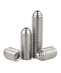 Heavy Duty Spring Ball Plunger Set Built Like A Badass Hex Socket Grub Screws In Durable Carbon And Stainless Steel Metric Sizes Five Pack, showing shiny stainless steel plungers.
