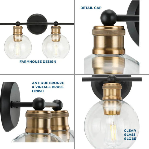 Coastal Four Light Bath Vanity Light With Clear Glass Globes In Antique Bronze Finish, detailed view and features