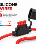 Five Pack Hella Tough 12Awg Waterproof Inline Fuse Holders With Fifty Five Atc Blade Fuses And Puller For Rv Boat Camper showing red silicone wires and inline fuse holder.