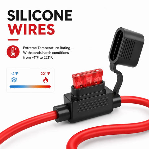 Five Pack Hella Tough 12Awg Waterproof Inline Fuse Holders With Fifty Five Atc Blade Fuses And Puller For Rv Boat Camper showing red silicone wires and inline fuse holder.