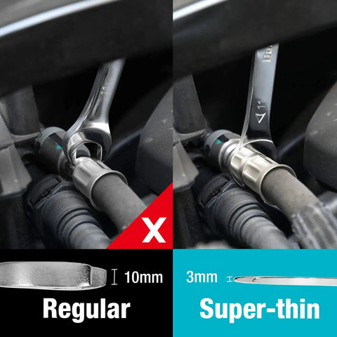 Super Thin Open End Wrench Set Metric With Rolling Pouch shown fitting in tight space, comparing with regular wrench