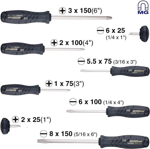Armor Grip 8 Piece Screwdriver Set With JIS Drive Pro Grade on white background showing different screwdriver sizes and types.
