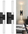 Crystal Battery Operated Wall Sconce Set of 2,Rechargeable Wall Sconces with Remote Control,Modern Black Bathroom Vanity Light fixtures,Wireless Dimmable Wall Lights for Bedroom Living Room Hallway, clear column design