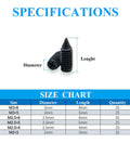 Straight Up Heavy Duty Nickel Plated Tip Screws For Belts And Buckles 150 Piece Assortment Kit With Screwdriver size chart showing dimensions.