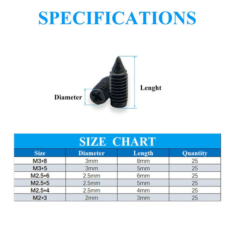 Straight Up Heavy Duty Nickel Plated Tip Screws For Belts And Buckles 150 Piece Assortment Kit With Screwdriver size chart showing dimensions.