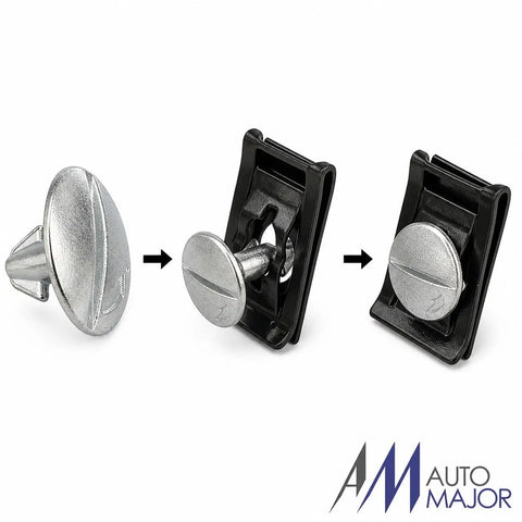 Clean Underbody Splash Shield Fastener Kit Replaces OE 90674ty2a01 showing quarter turn pins and U nut clips in installation sequence.