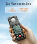 180 Degree Rotating Sensor Light Meter With Lux And Foot Candle Readings, Range 0.1 To 200000 Lux, Big Backlit 2.25 Inch LCD, Quick 0.5s Sampling, Perfect For Plant Lighting, Car Headlights, And Home Or Office LEDs. handheld digital light meter with rotating sensor and backlit LCD