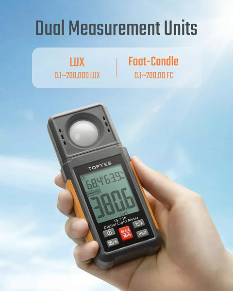180 Degree Rotating Sensor Light Meter With Lux And Foot Candle Readings, Range 0.1 To 200000 Lux, Big Backlit 2.25 Inch LCD, Quick 0.5s Sampling, Perfect For Plant Lighting, Car Headlights, And Home Or Office LEDs. handheld digital light meter with rotating sensor and backlit LCD